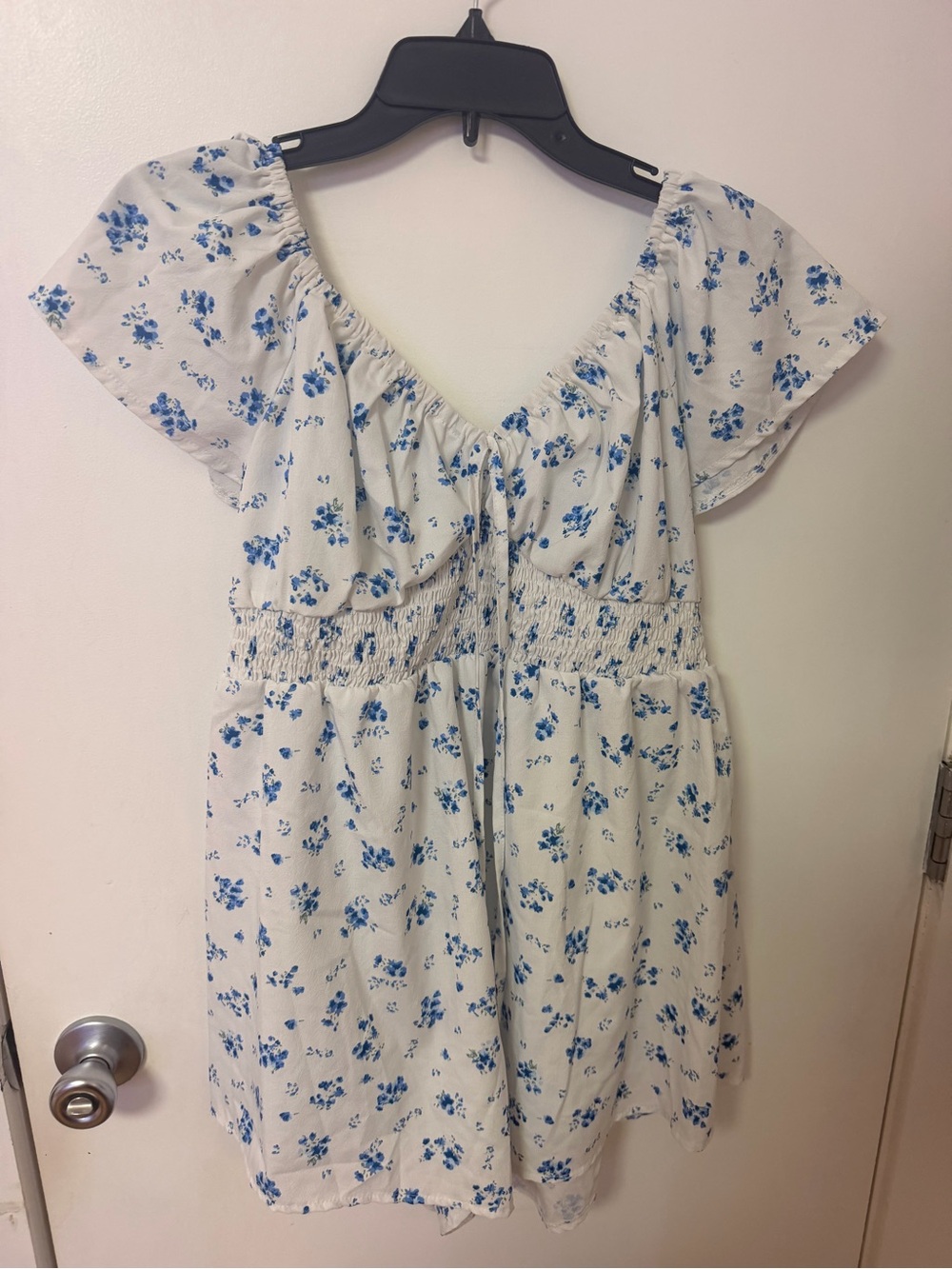 White & Blue Floral Smocked Waist shorts romper